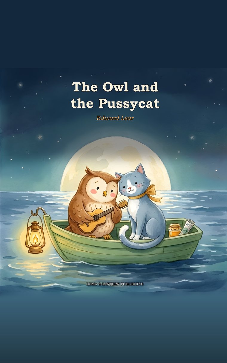 Cover of The Owl and the Pussycat, newly illustrated — an owl and a cat in a pea-green boat beneath a glowing moon