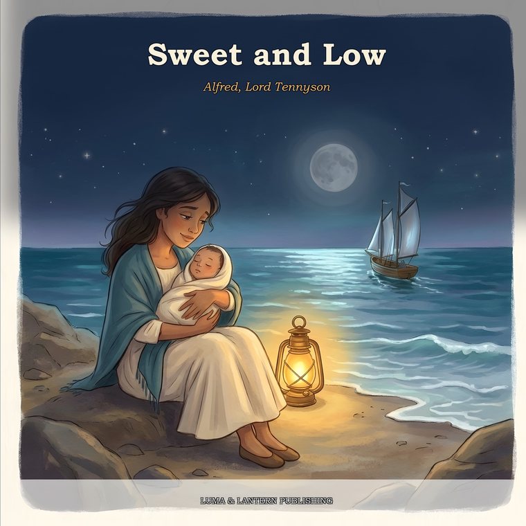 Cover of Sweet and Low, newly illustrated — a mother and baby by a moonlit sea watching for a ship with silver sails