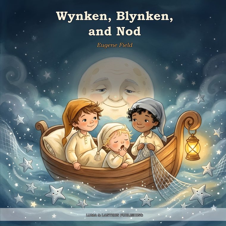 Cover of Wynken, Blynken, and Nod, newly illustrated — three children sailing a wooden boat among silver stars under a smiling moon