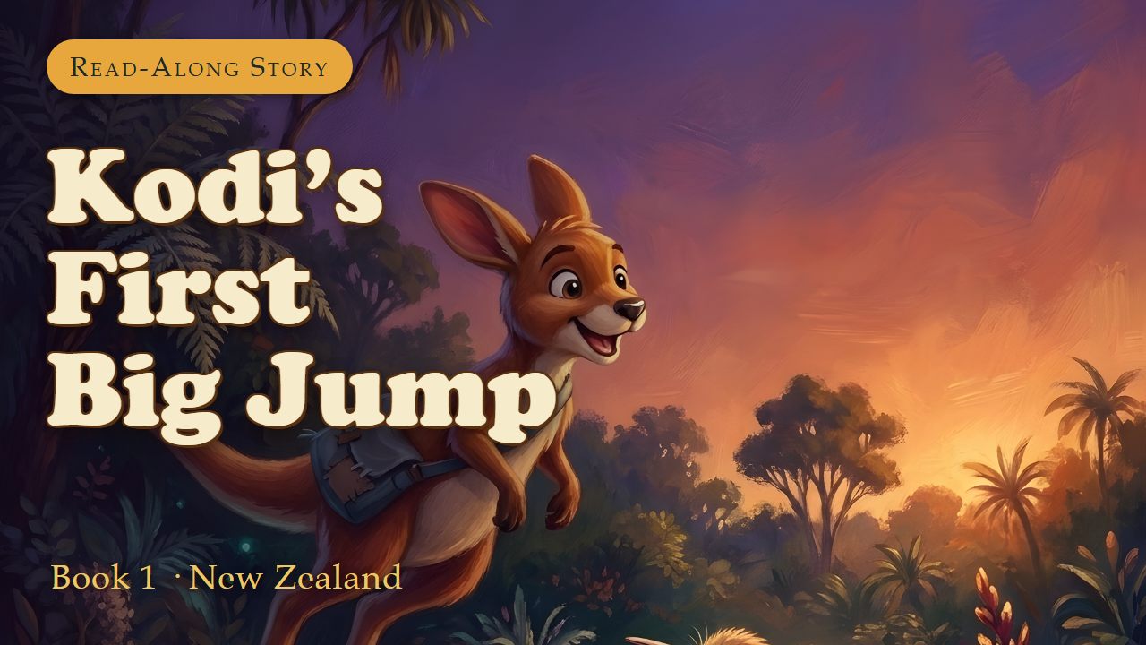 Kodi the kangaroo mid-jump through a glowworm-lit New Zealand forest — Kodi's First Big Jump, Book 1